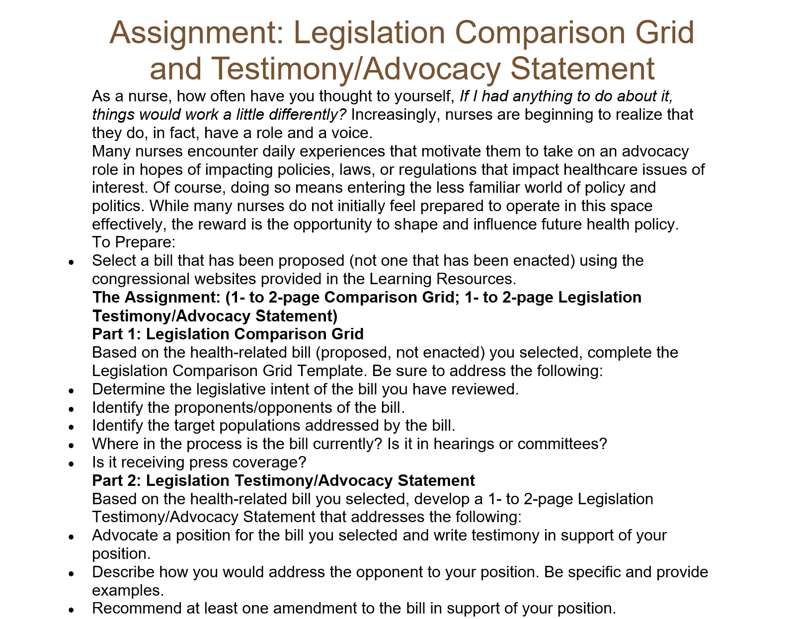 Assignment Legislation Comparison Grid and Testimony/Advocacy Statement