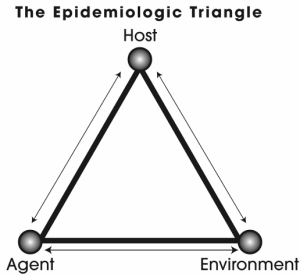 Epidemiologic triangle showing agent, host, and environment components with nursing intervention points