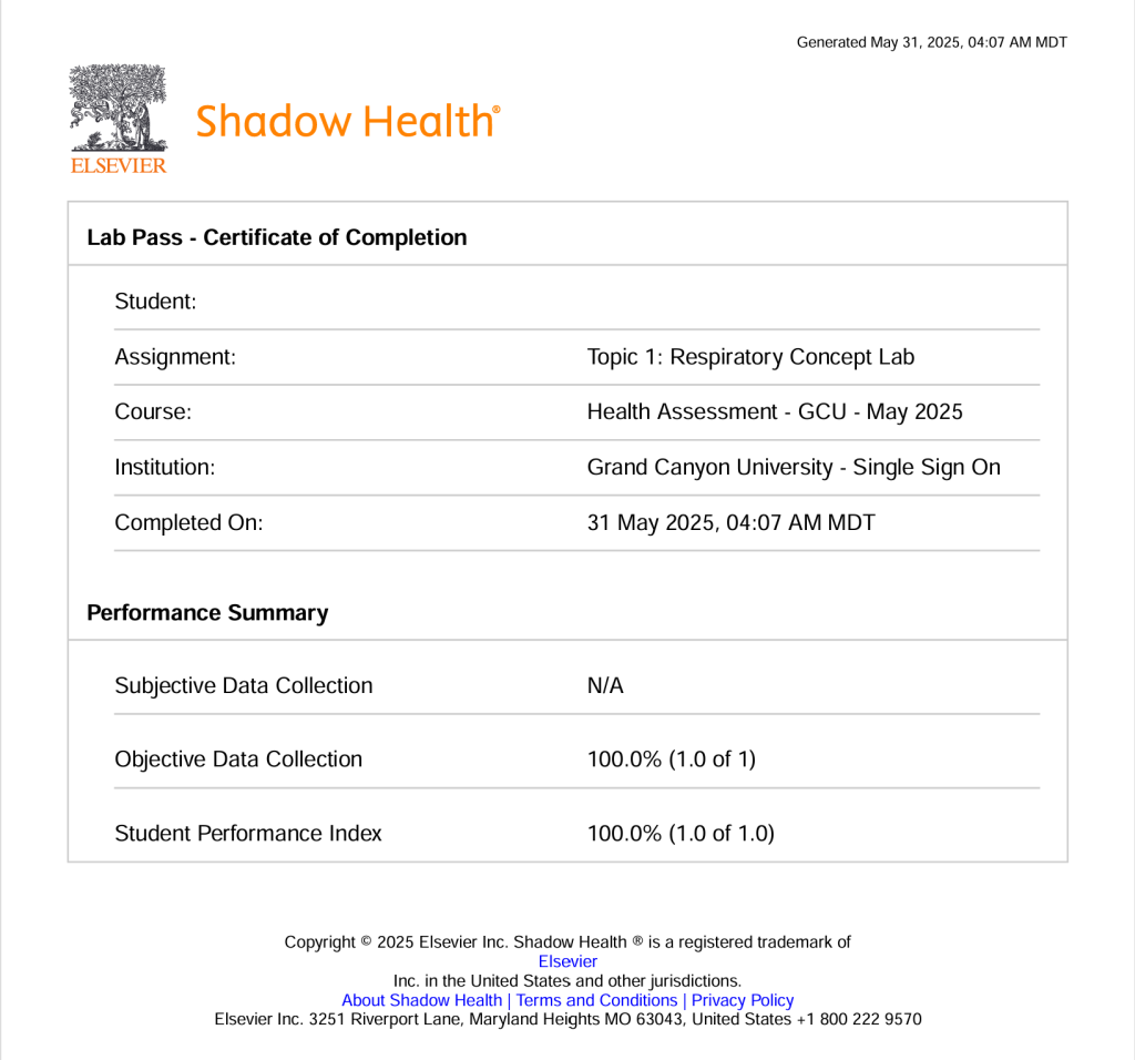 In this assignment you will learn about the differences between normal and abnormal lung sounds. Within the Shadow Health platform, complete the Respiratory Concept Lab