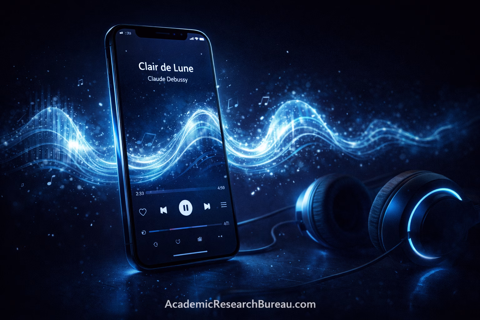 A glowing smartphone screen displaying a music streaming app with "Clair de Lune" playing, musical waveforms visualized in blue light floating around the phone, headphones nearby, modern minimalist aesthetic, dark background with neon blue accents, digital art style
