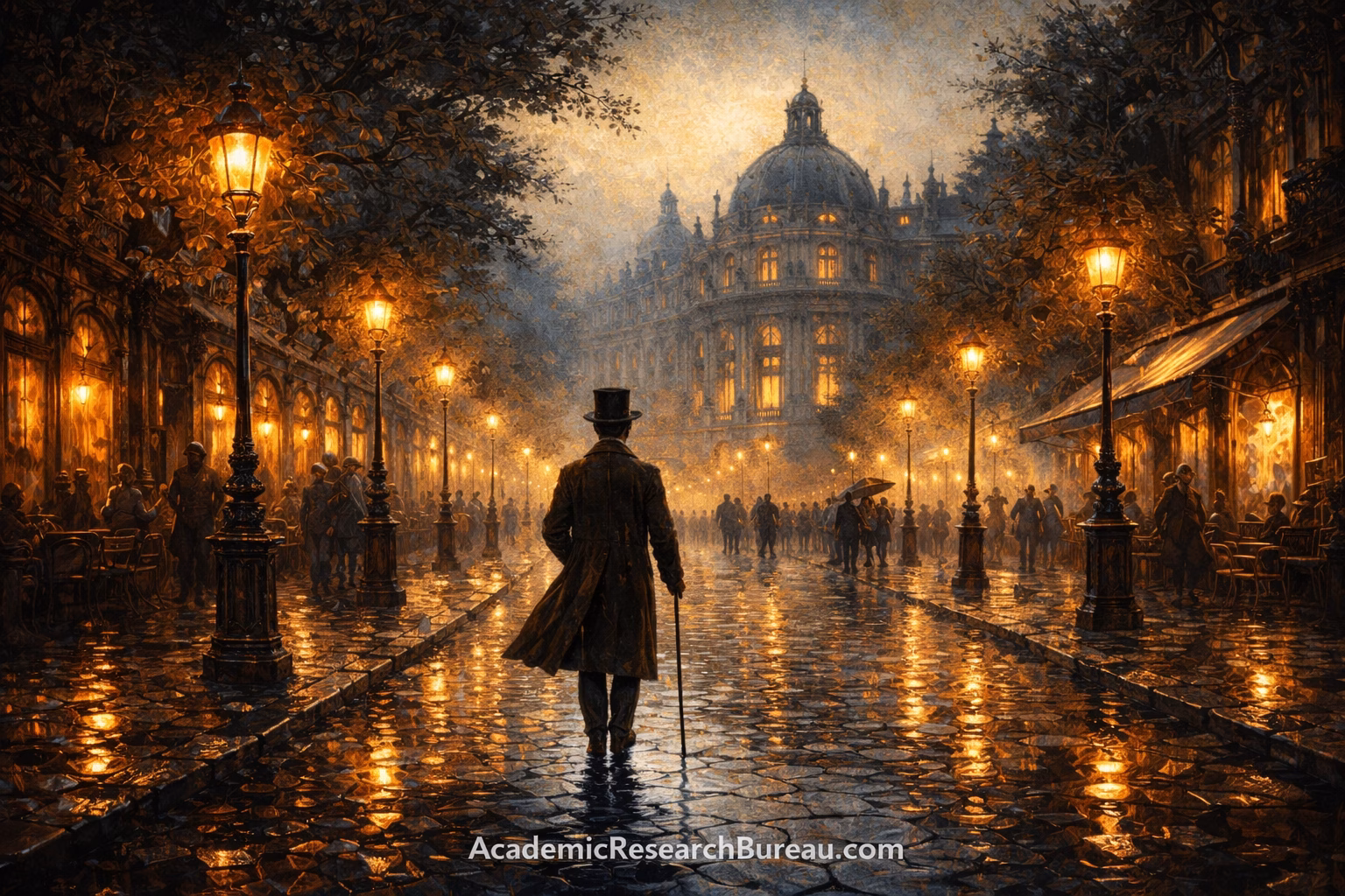 A moonlit street scene in 1890s Paris with gas lamps glowing amber, the silhouette of the Paris Conservatoire in the background, a lone figure in a top hat and coat walking across wet cobblestones, reflections shimmering in puddles, impressionistic oil painting style