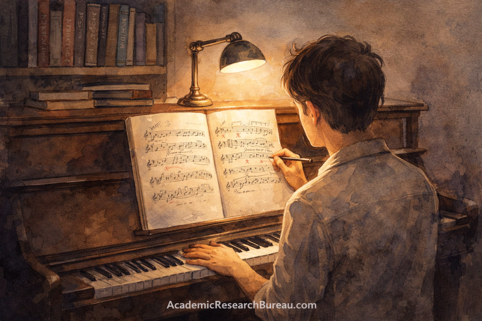 A young pianist studying sheet music at a vintage upright piano in a warmly lit practice room, a single desk lamp illuminating the score, pencil markings visible on the pages, bookshelves with music theory books in the background, cozy and studious atmosphere, soft watercolor illustration