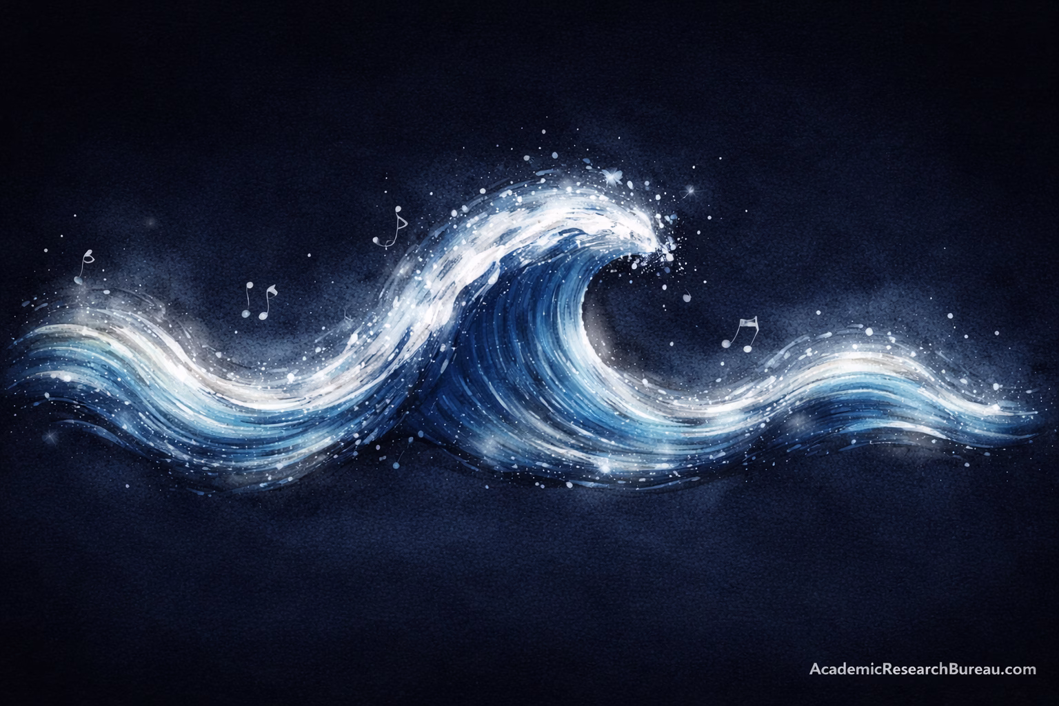 An abstract visualization of musical structure showing three distinct sections in wave form — a gentle opening wave, a powerful cresting middle wave, and a quiet fading final wave — rendered in luminous blue and silver watercolor on a dark navy background, elegant and minimal.
